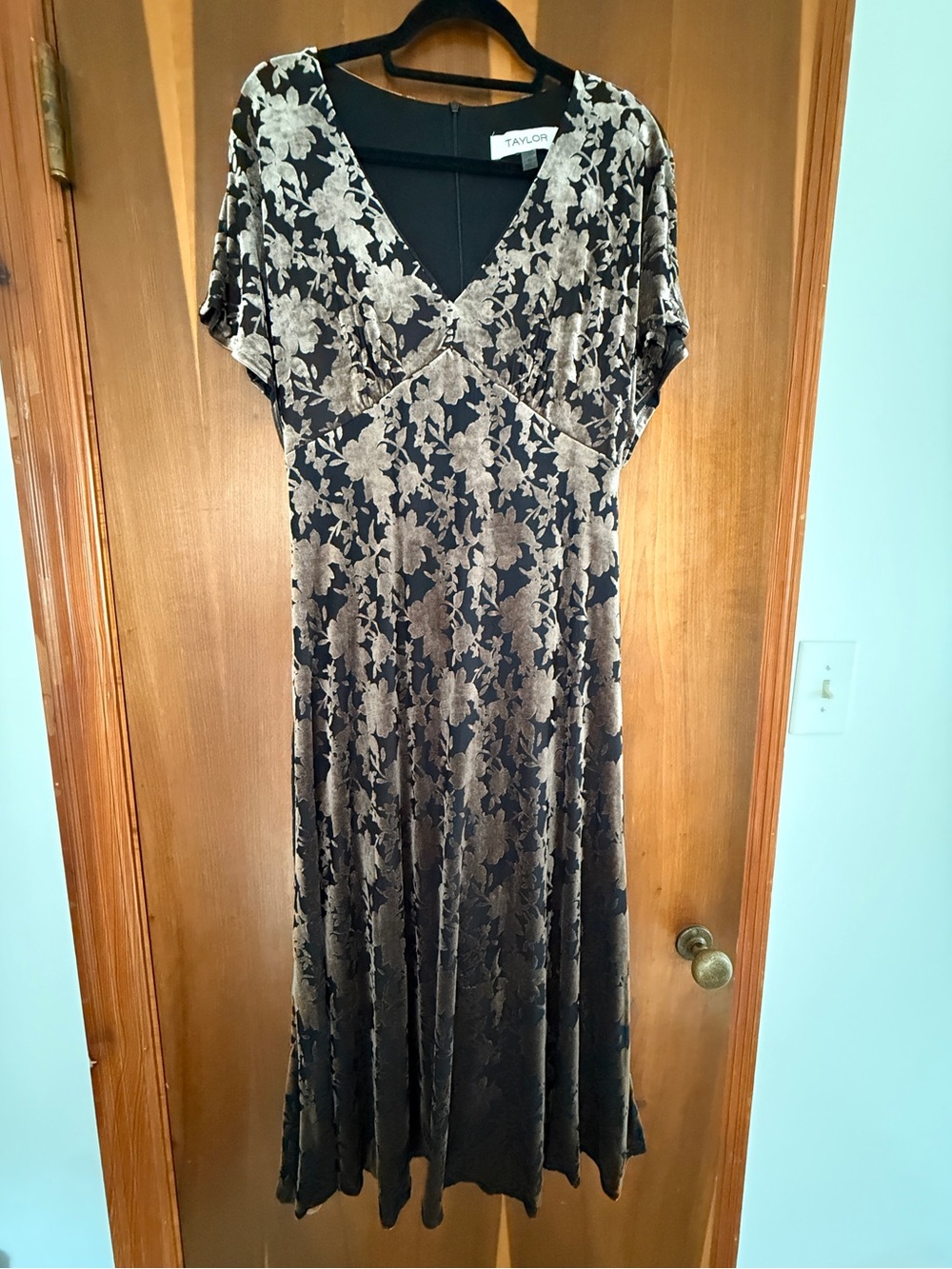 Taylor Brown and Gold Floral Velvet Maxi Dress with V-Neck